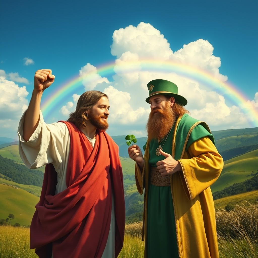 An imaginative scene depicting a surreal confrontation between Jesus and St