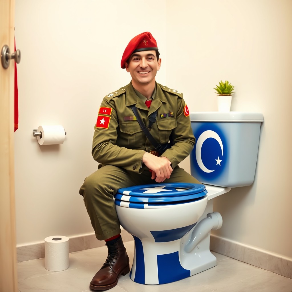 A Turkish soldier in full uniform, complete with a Turkish flag patch on his arm, humorously sitting on a bright and colorful toilet that features a prominent Greek flag design