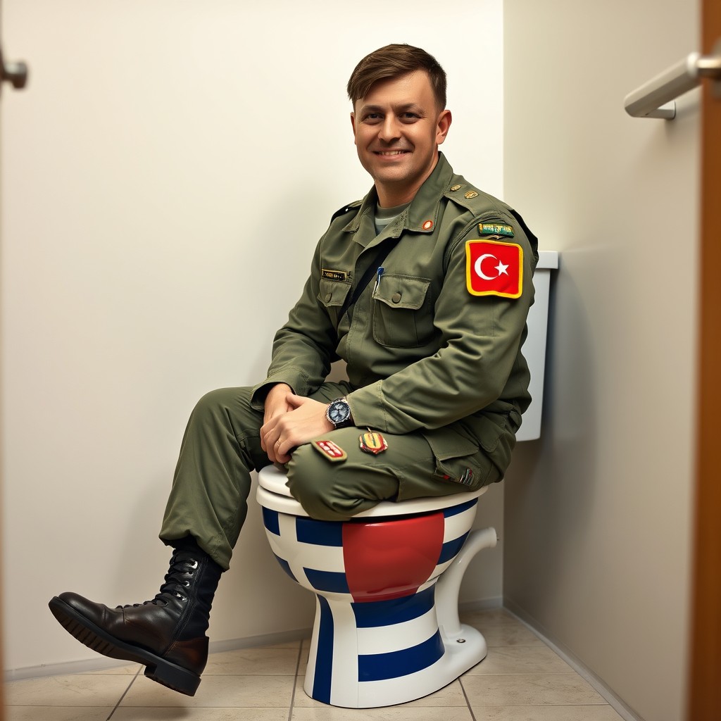 A Turkish soldier in full military uniform, proudly displaying a Turkish flag patch on his arm, sitting humorously on a toilet