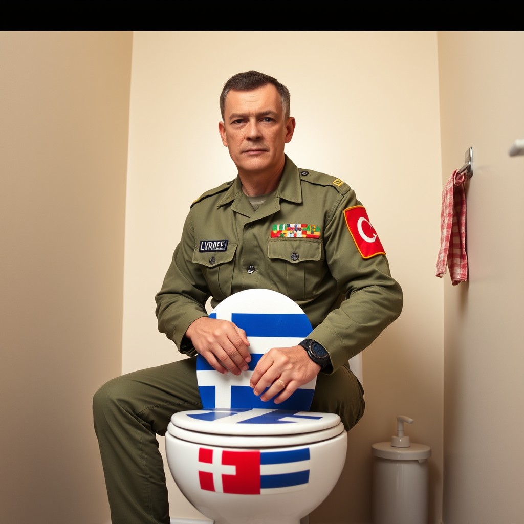 A Turkish soldier wearing a military uniform with a Turkish flag patch on his arm, seated on a white toilet decorated with a Greek flag