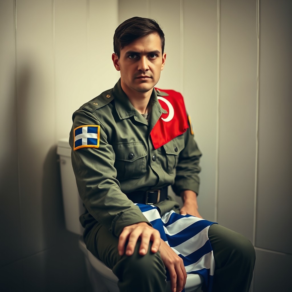 A Turkish soldier in military uniform, visibly proud, sitting on a toilet adorned with a Greek flag