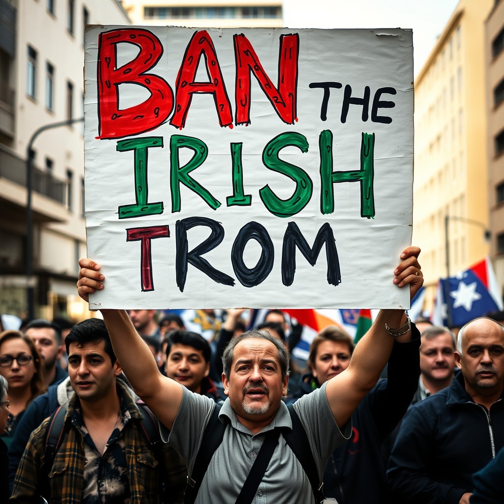 An impactful image showcasing a large, hand-painted placard with bold letters reading "Ban the Irish from Israel" prominently displayed in a public space