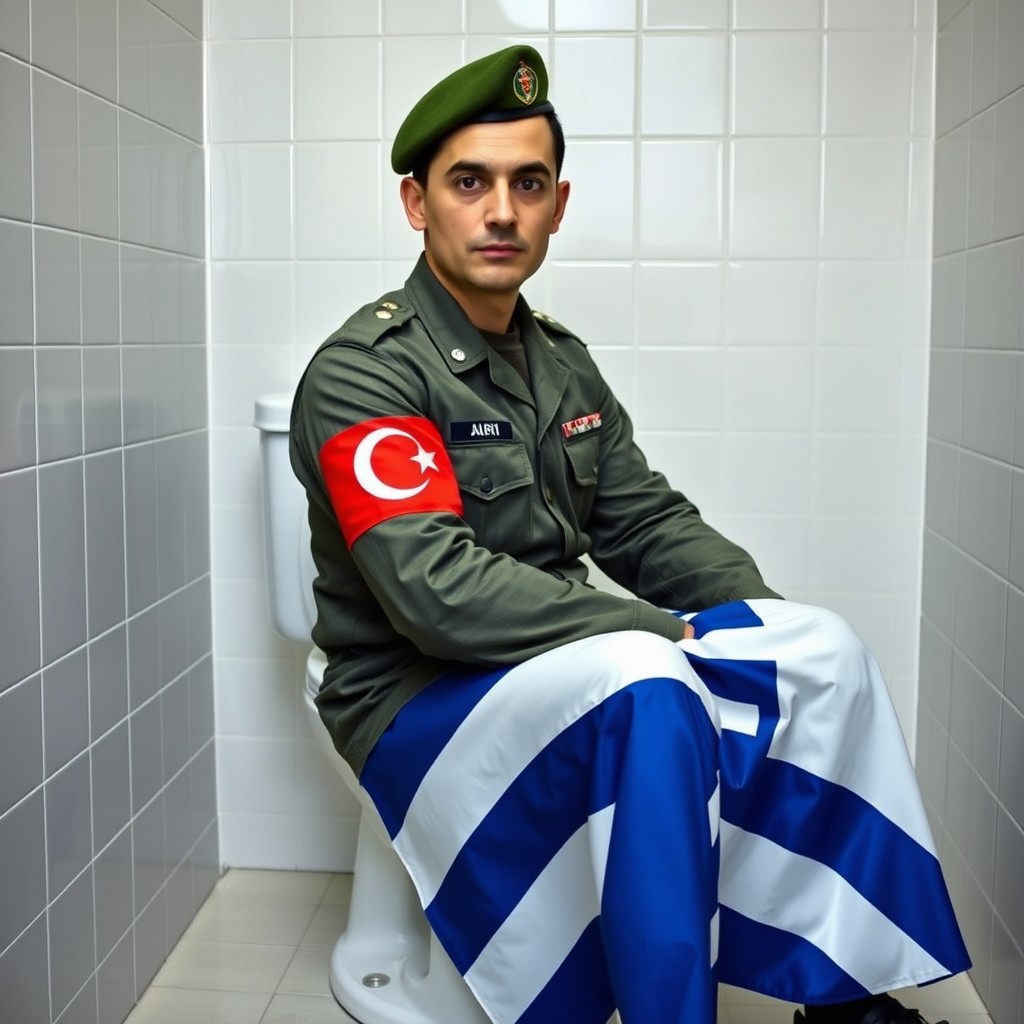 A seated Turkish soldier in military uniform, showcasing a Turkish flag on his arm, humorously sitting on a toilet adorned with a Greek flag