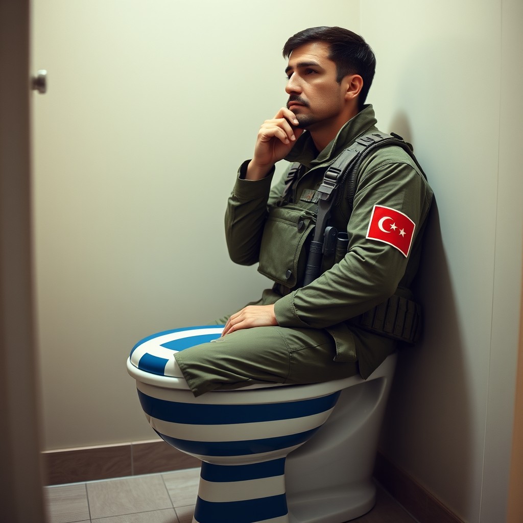 A Turkish soldier in full military uniform, complete with tactical gear and a Turkish flag patch on his arm, sitting on a toilet