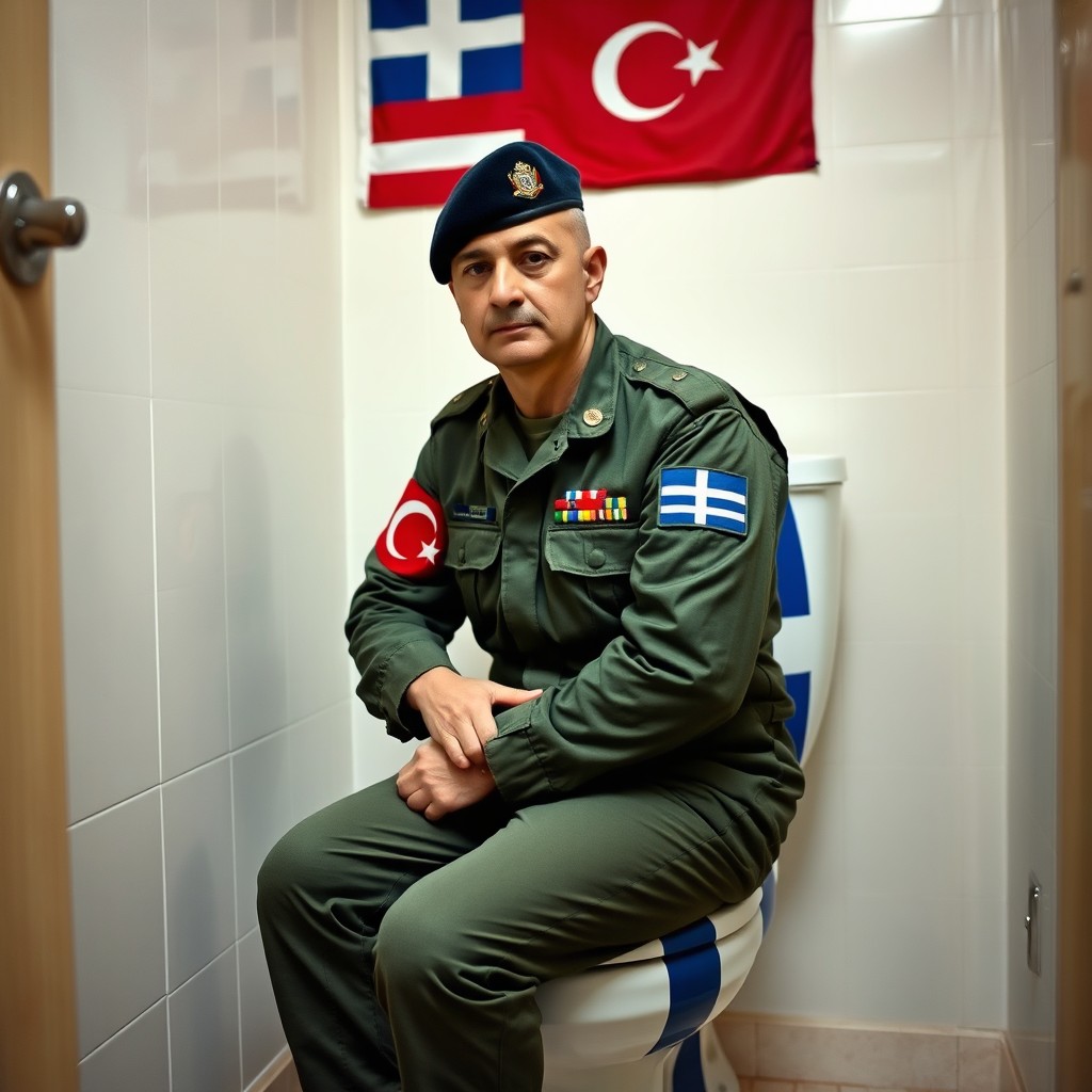 A Turkish soldier in full military uniform sitting on a toilet