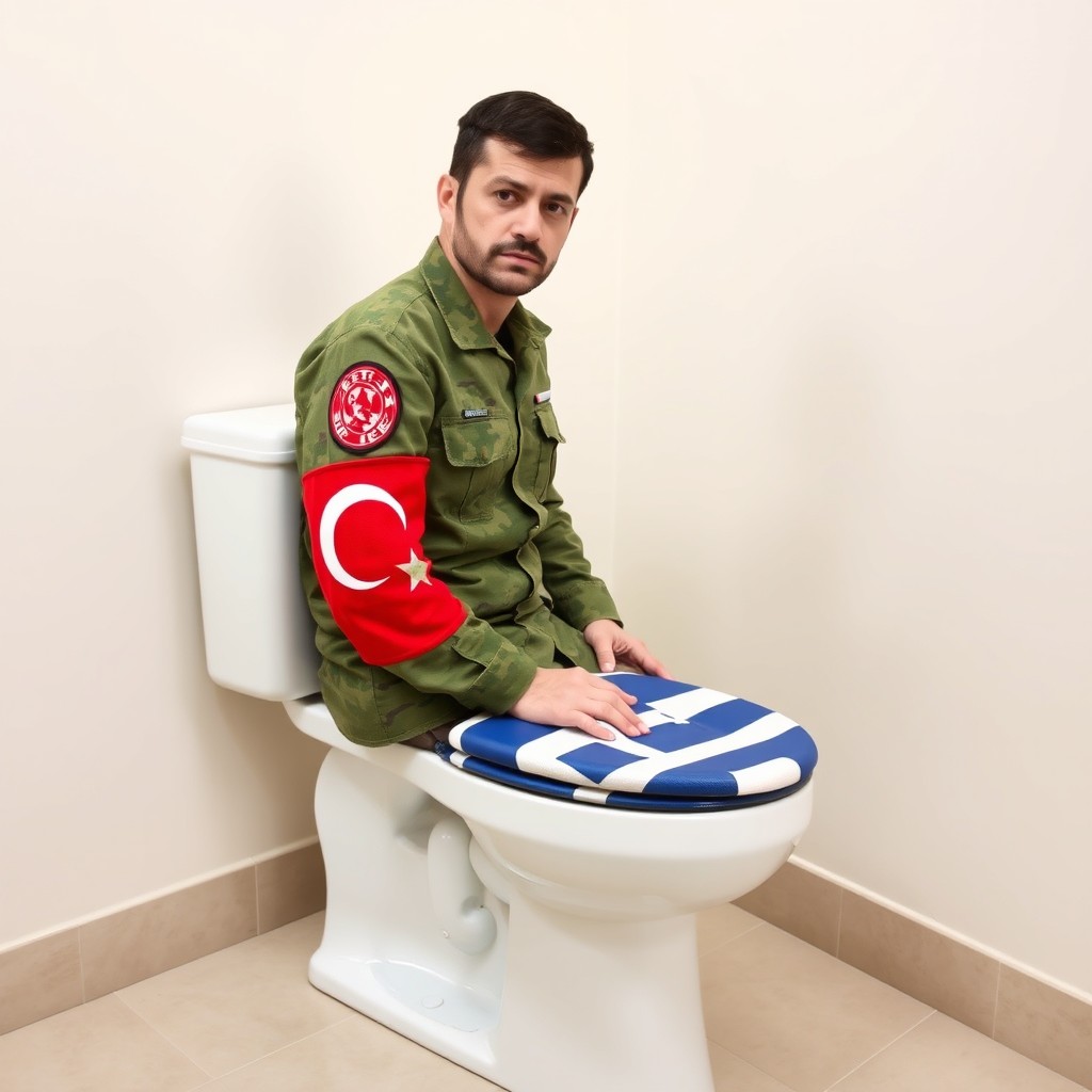 A Turkish soldier wearing a military uniform adorned with a Turkish flag on his arm, humorously sitting on a toilet