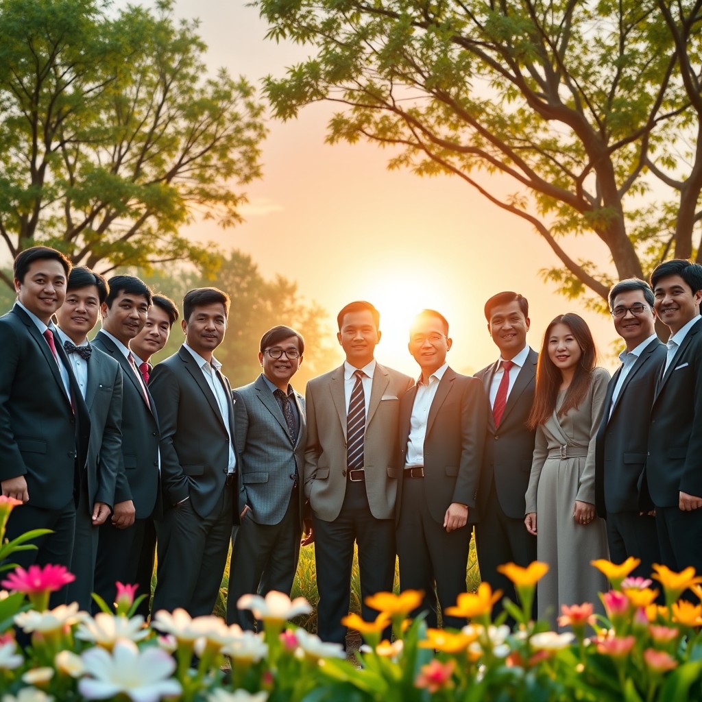 A realistic thumbnail for a YouTube video with a landscape aspect ratio of 16:9, showcasing a diverse group of 25 good-looking Indonesian business leaders in professional attire gathering together