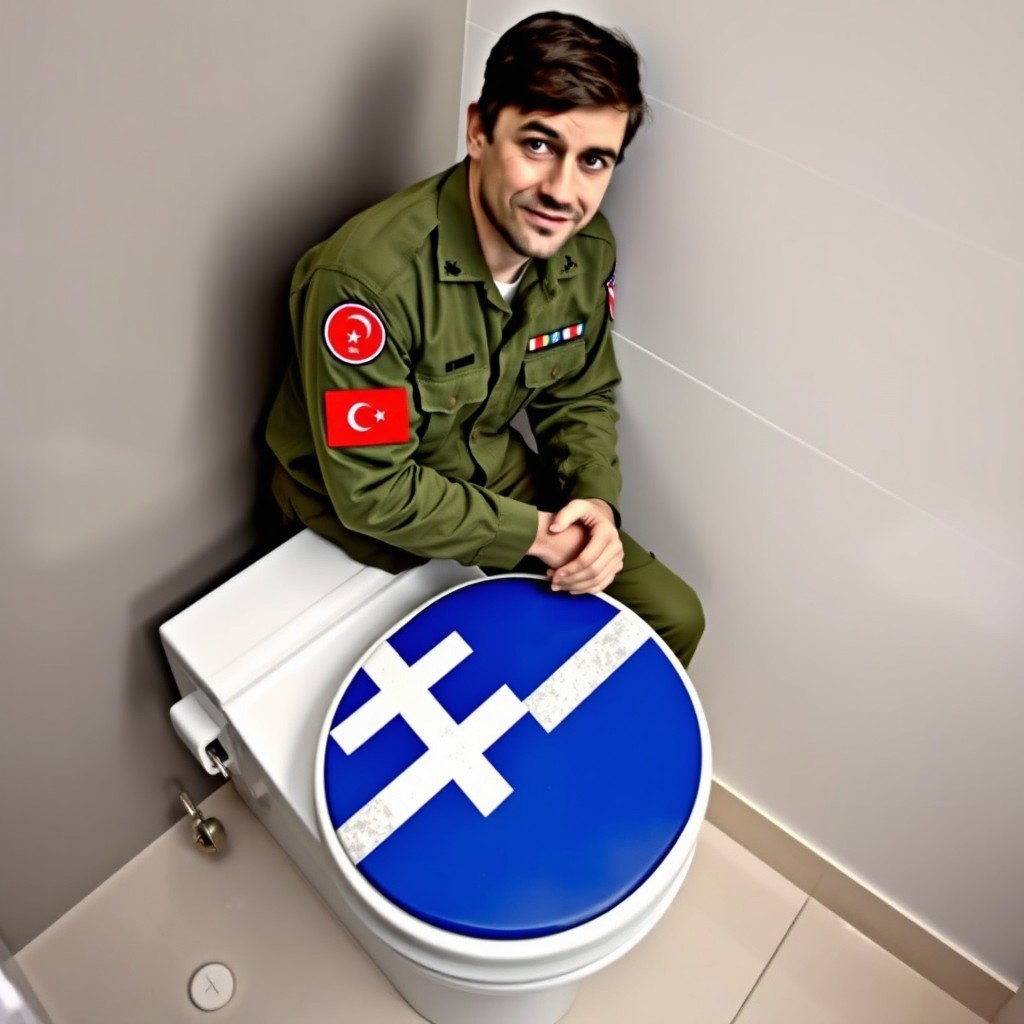 A Turkish soldier in a military uniform, with a Turkish flag patch on his arm, sitting on a modern toilet