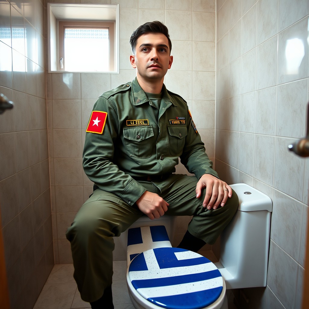 A Turkish soldier in full military uniform sitting on a toilet