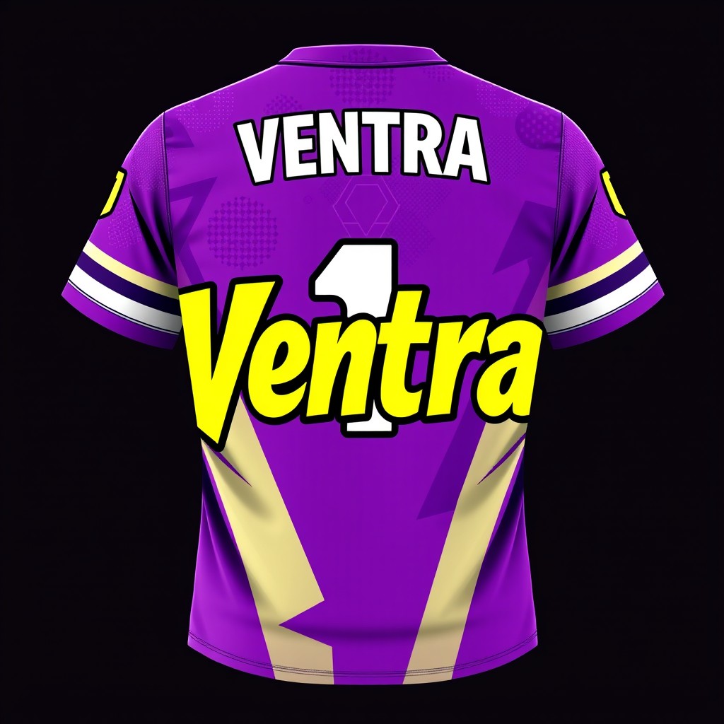 A vibrant and stylish jersey design for a Roblox shirt featuring the name "Ventra" prominently on the front in bold, dynamic lettering