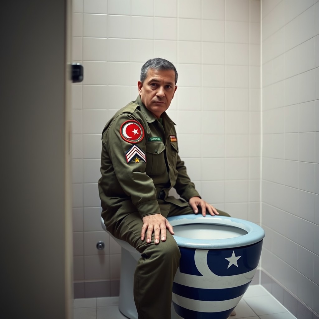 A Turkish soldier in a military uniform with a Turkish flag patch on his arm sitting on a toilet
