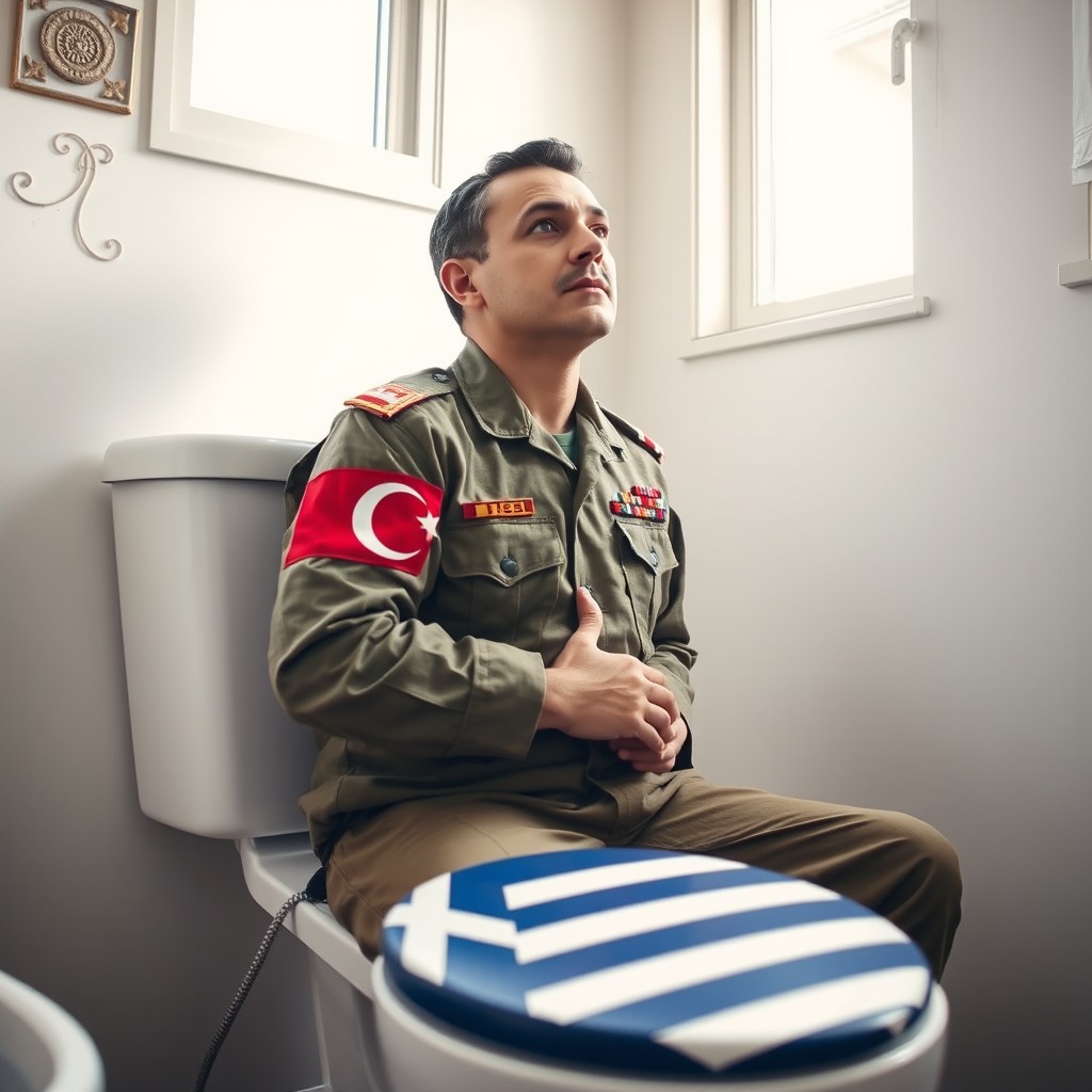 A Turkish soldier, wearing a military uniform adorned with a Turkish flag on his arm, is sitting comfortably on a white toilet