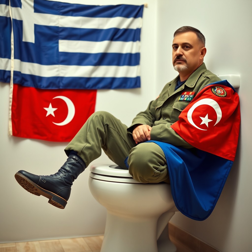 A Turkish soldier seated on a toilet, with a Turkish flag proudly displayed on his arm, showcasing his national identity