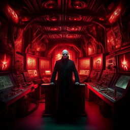 An evil genius in his elaborate lair, his malevolence intensifying. His eyes glowing with a sinister red, surrounded by menacing contraptions, shadows cast by the control panel amplifying the ominous atmosphere.