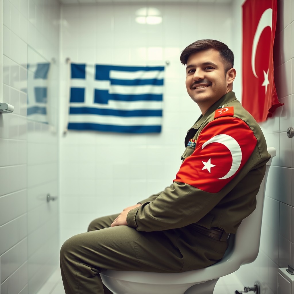 A Turkish soldier wearing a military uniform featuring a Turkish flag stitched on his arm, sitting on a toilet