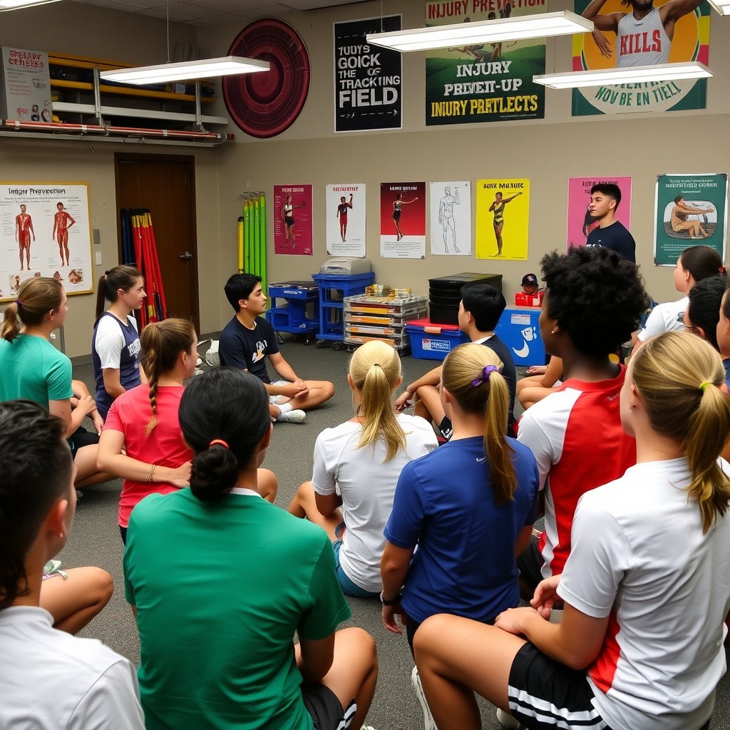 An educational scene focused on undergraduate track and field athletes engaged in a workshop about injury prevention