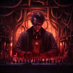 A malevolent genius, his dark aura intensifying. Illuminated by eerie glowing contraptions, his eyes seethe with a fiery red glow, the shadows in the complex lair deepening, creating a profoundly menacing atmosphere.