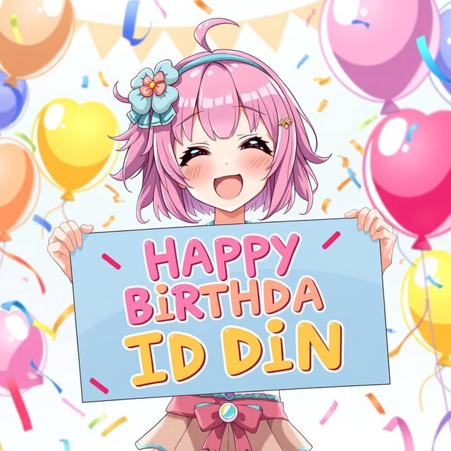 A vibrant, anime-style illustration of a pink-haired waifu character, smiling warmly and playfully, holding a colorful birthday sign that reads 'Happy Birthday Iddin'
