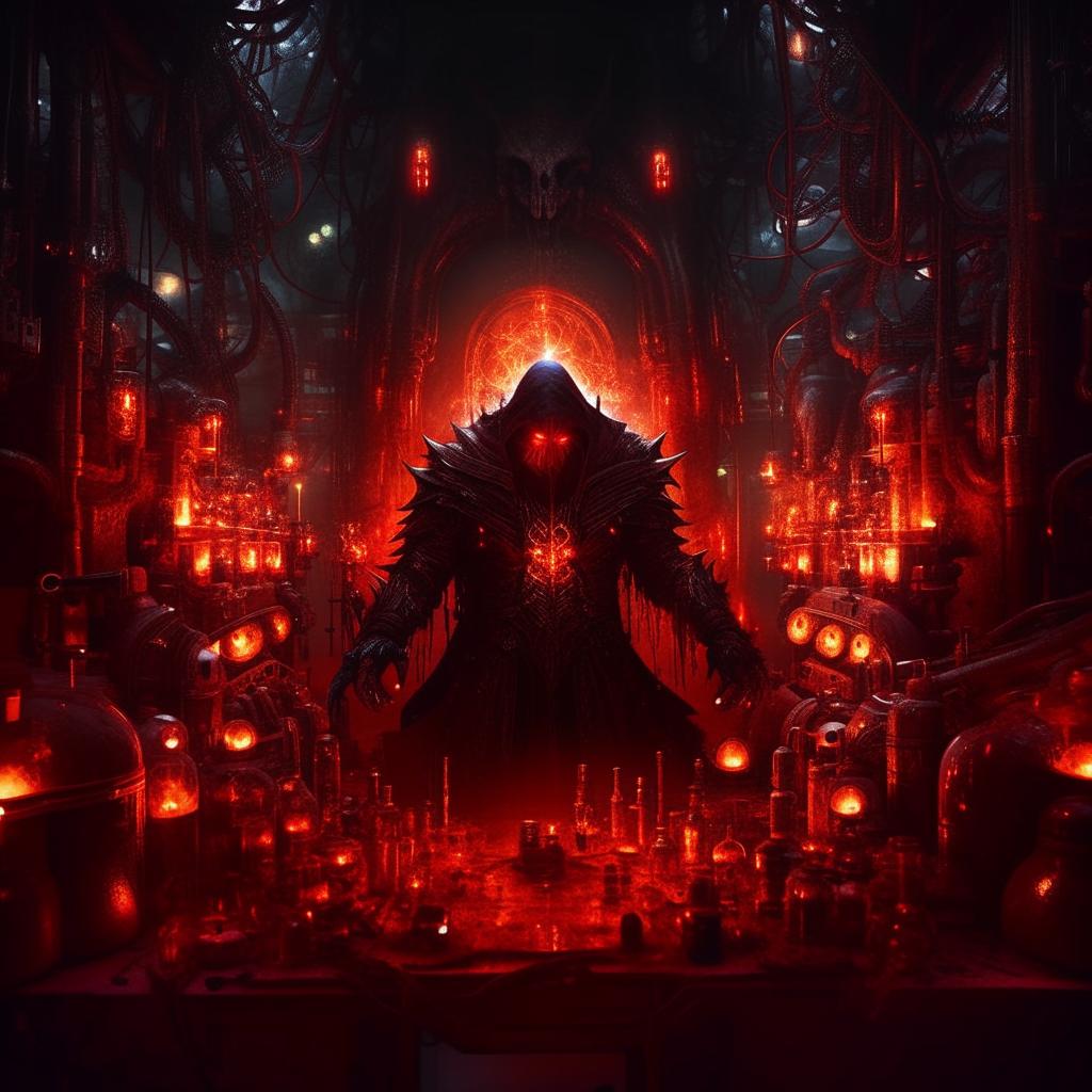 A malevolent genius, his dark aura intensifying. Illuminated by eerie glowing contraptions, his eyes seethe with a fiery red glow, the shadows in the complex lair deepening, creating a profoundly menacing atmosphere.