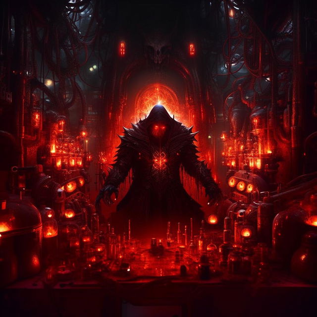 A malevolent genius, his dark aura intensifying. Illuminated by eerie glowing contraptions, his eyes seethe with a fiery red glow, the shadows in the complex lair deepening, creating a profoundly menacing atmosphere.