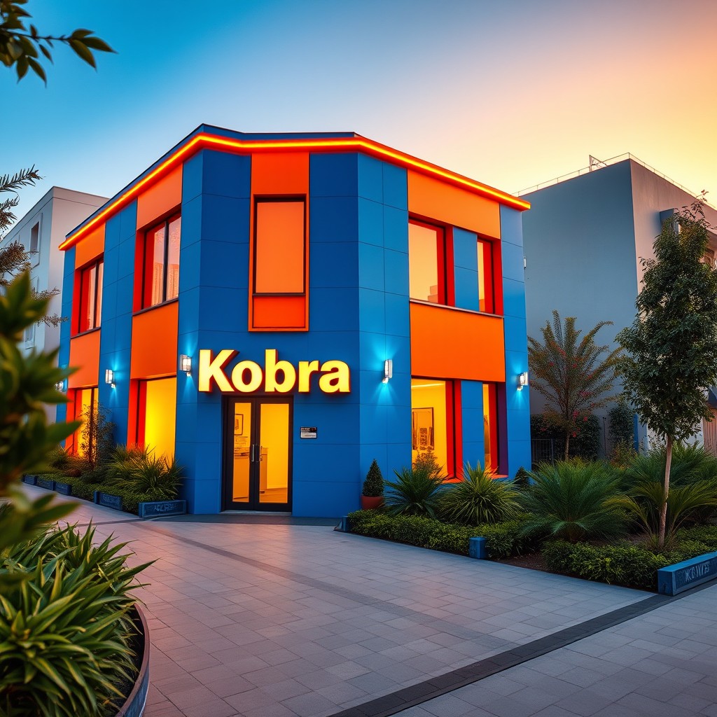 A cinematic scene featuring a small office building named 'Kobra K&K'