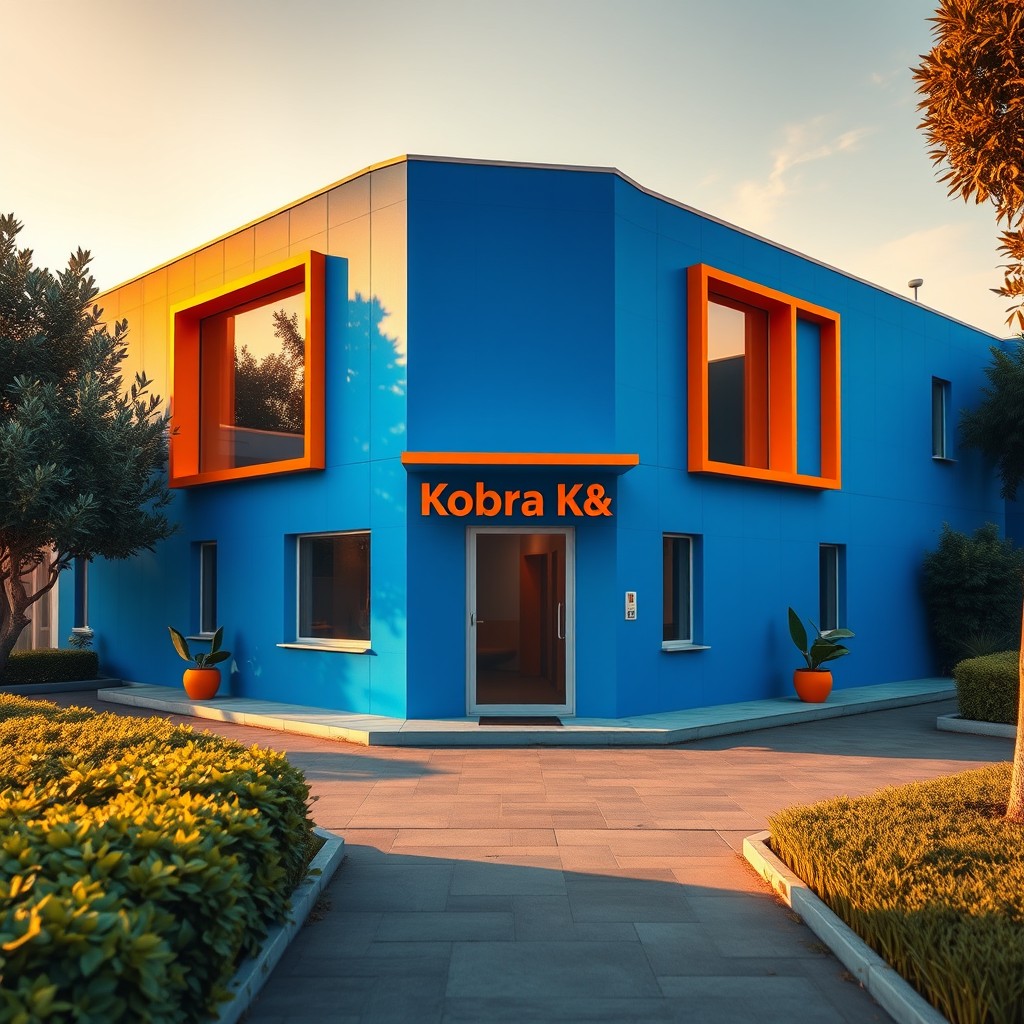 A cinematic visual of a small office building named 'Kobra K&K'