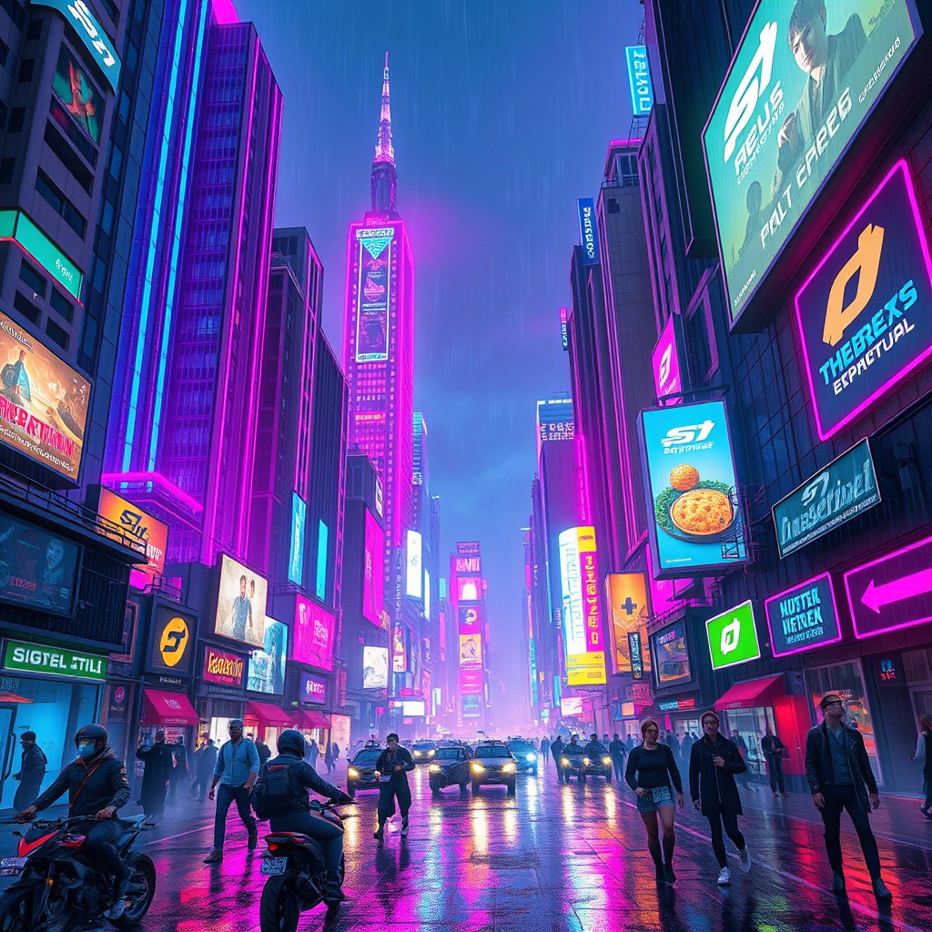 A vibrant cyberpunk cityscape at night, filled with towering skyscrapers adorned with neon lights in shades of pink, blue, and green