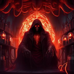 A malevolent genius, his dark aura intensifying. Illuminated by eerie glowing contraptions, his eyes seethe with a fiery red glow, the shadows in the complex lair deepening, creating a profoundly menacing atmosphere.