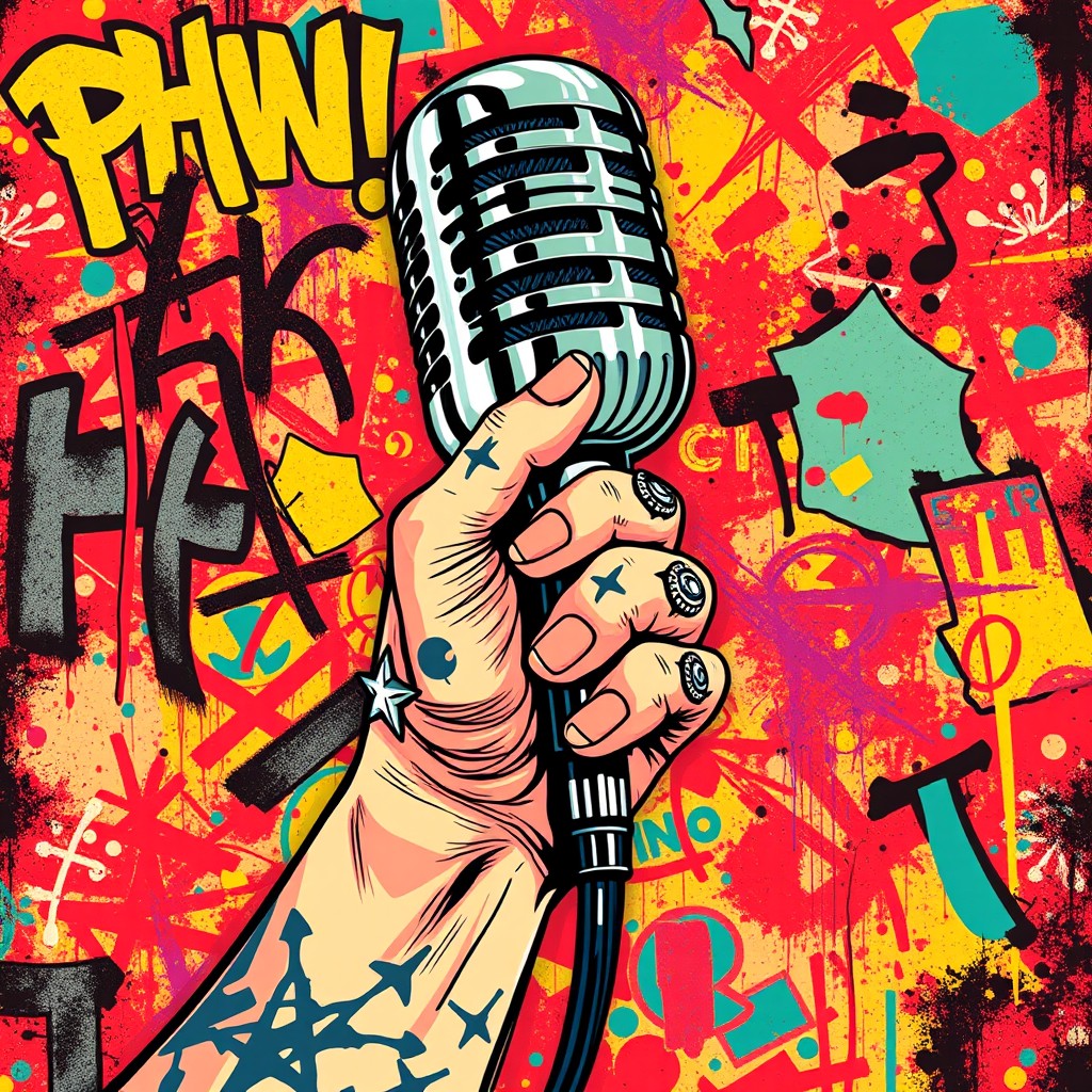 A hand holding an old-fashioned microphone, designed in a punk art style