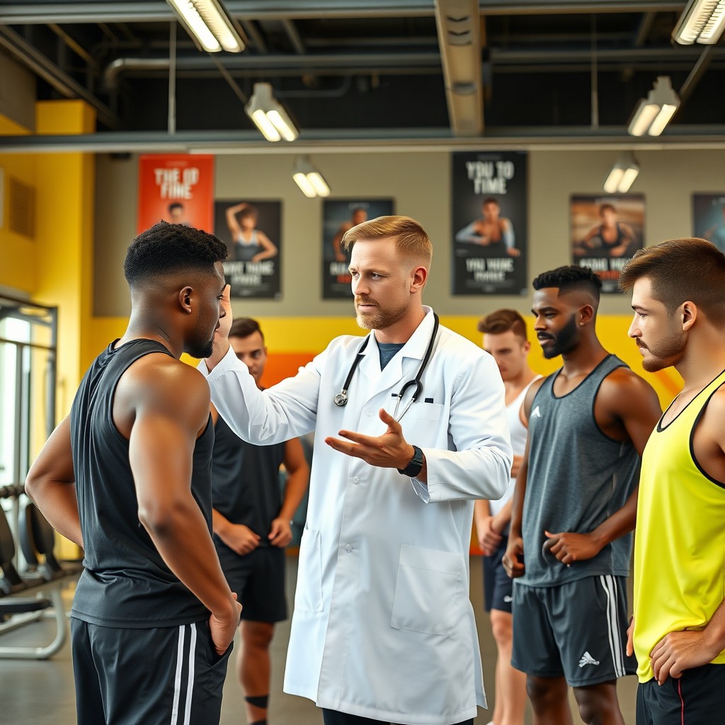 A male physiotherapist providing expert advice to a group of male athletes in a bright and modern gym setting