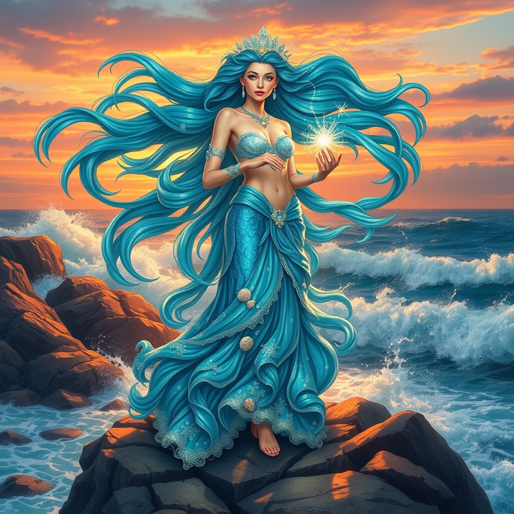 A stunning depiction of the Goddess of Waves, embodying the power and beauty of the ocean