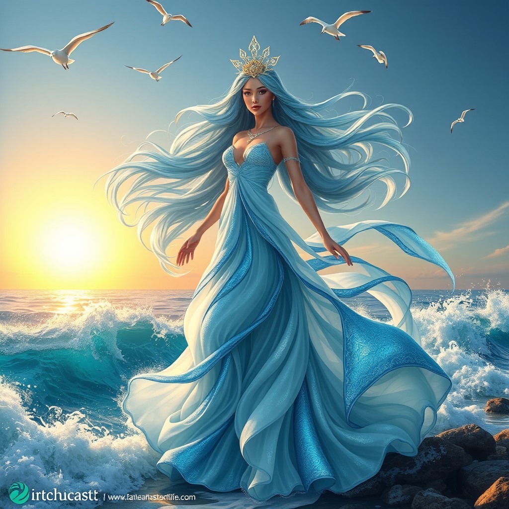 A majestic goddess of waves, standing gracefully at the edge of a sparkling ocean
