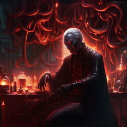 A malevolent genius, his dark aura intensifying. Illuminated by eerie glowing contraptions, his eyes seethe with a fiery red glow, the shadows in the complex lair deepening, creating a profoundly menacing atmosphere.