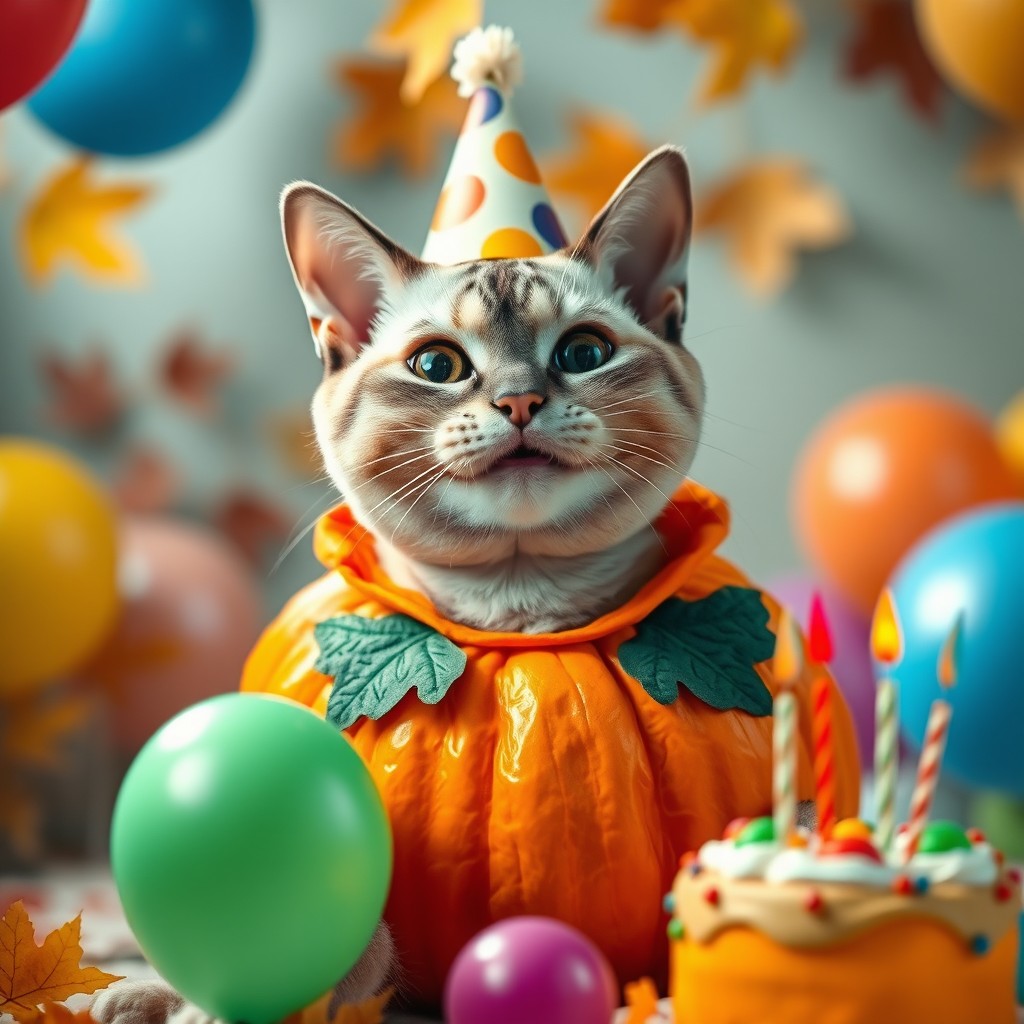 A whimsical bald cat dressed as a pumpkin, celebrating a birthday