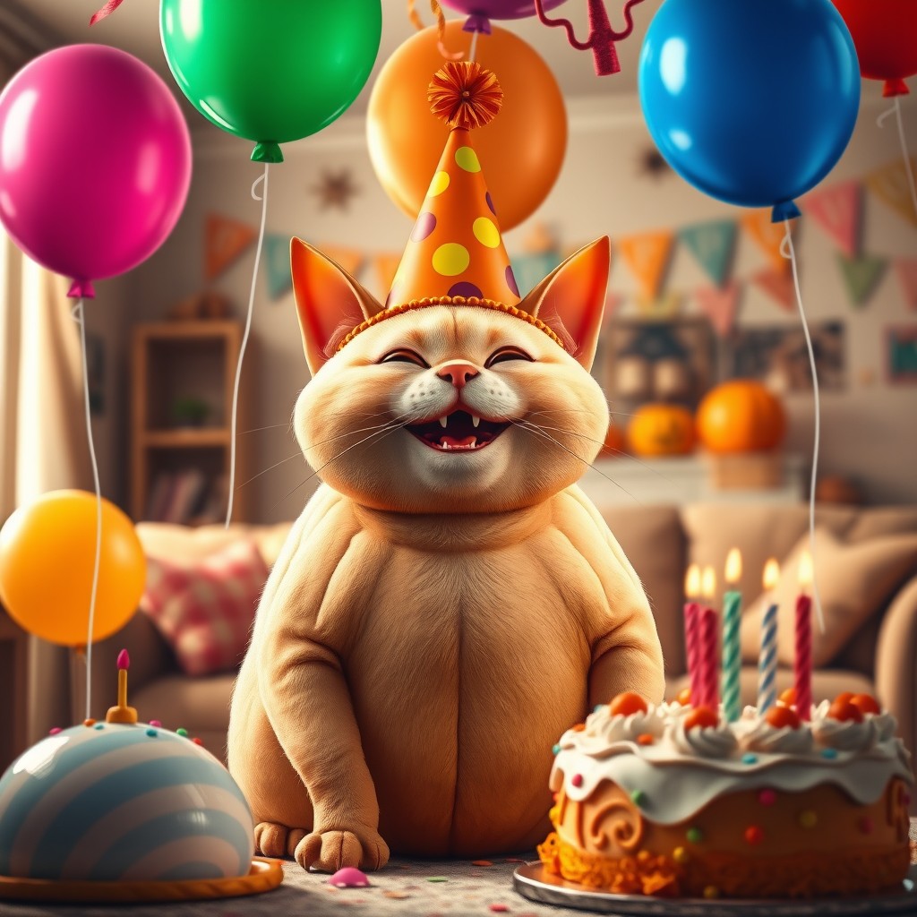 A whimsical birthday scene featuring a large, round, bald pumpkin cat with a joyful expression
