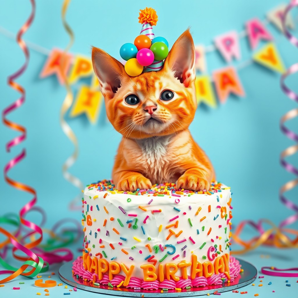A whimsical and festive birthday scene featuring a bald pumpkin cat with bright orange fur resembling a pumpkin