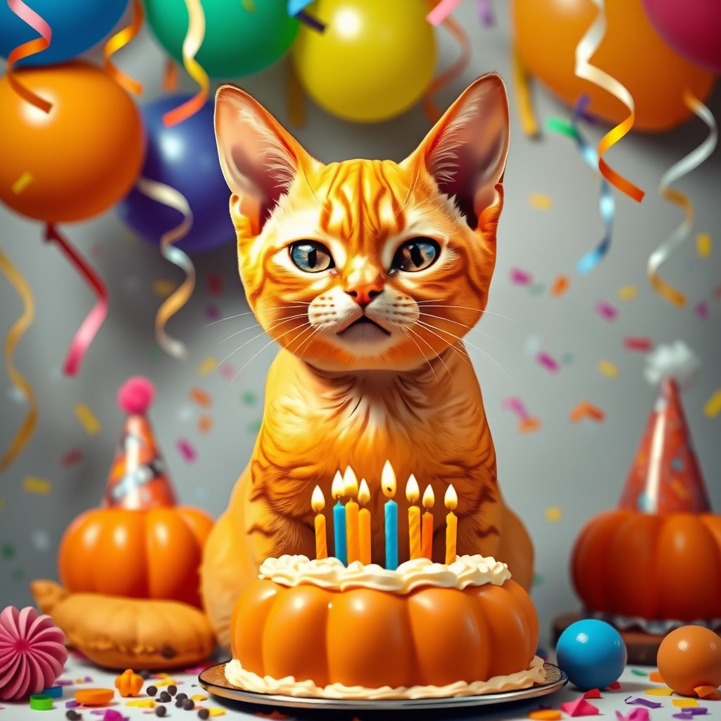 A whimsical birthday celebration featuring a bald cat that resembles a pumpkin