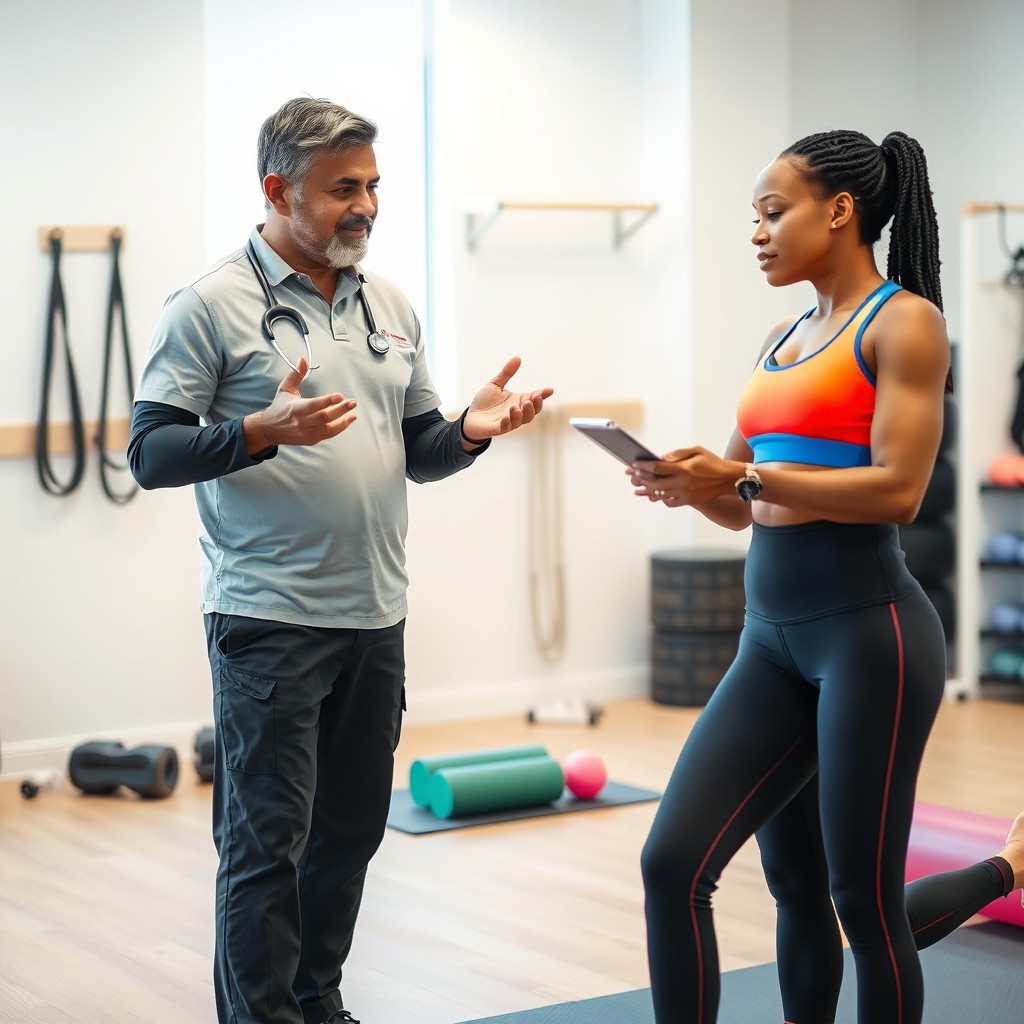 A physiotherapist in a modern clinic setting, providing expert advice to a female athlete