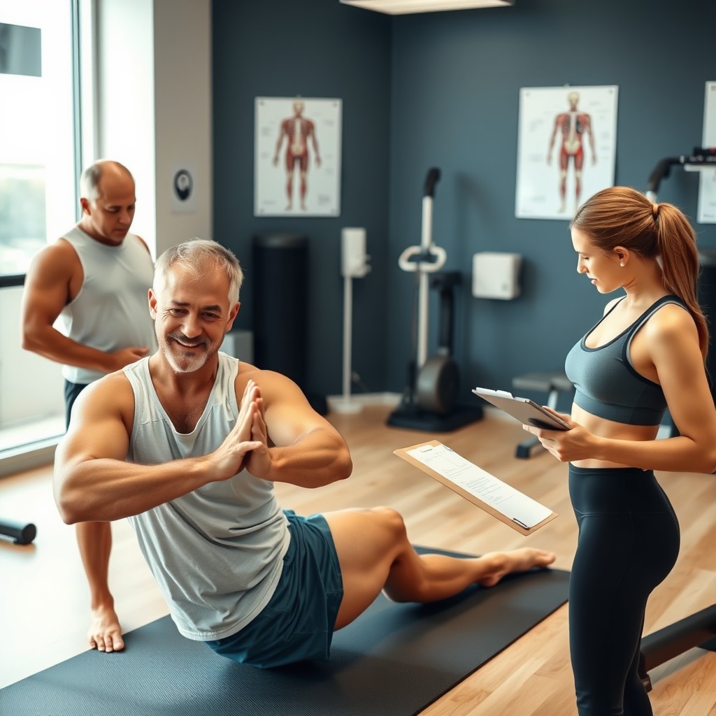 A professional physiotherapist in a modern clinic setting, advising a male and a female athlete on their rehabilitation exercises
