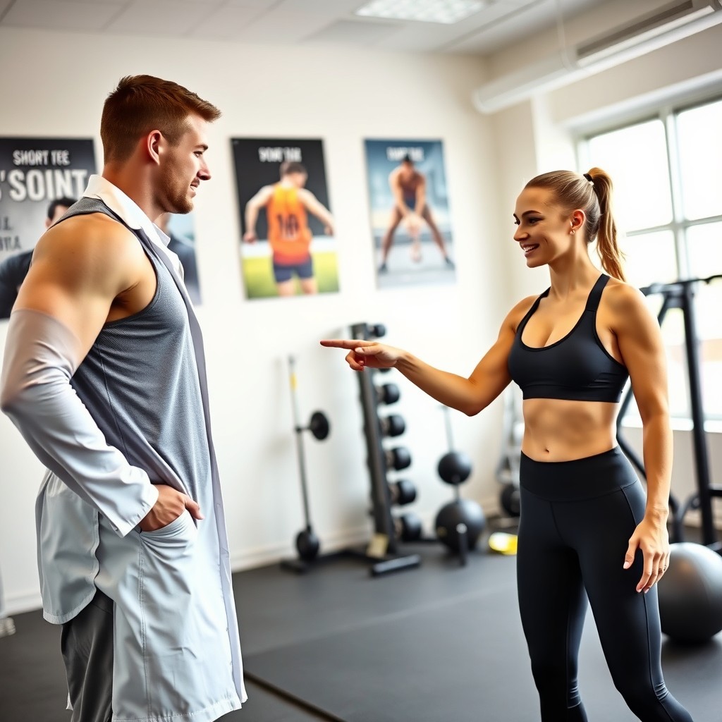 A dynamic scene featuring a sport physiotherapist in a bright, well-equipped clinic, giving advice to a male athlete and a female athlete