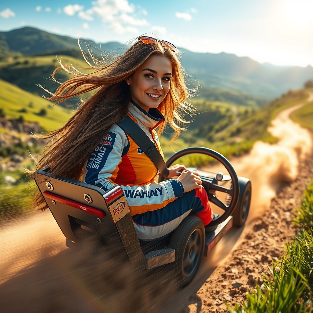 A stunning young woman with an adventurous spirit driving a high-performance rally car through a picturesque landscape