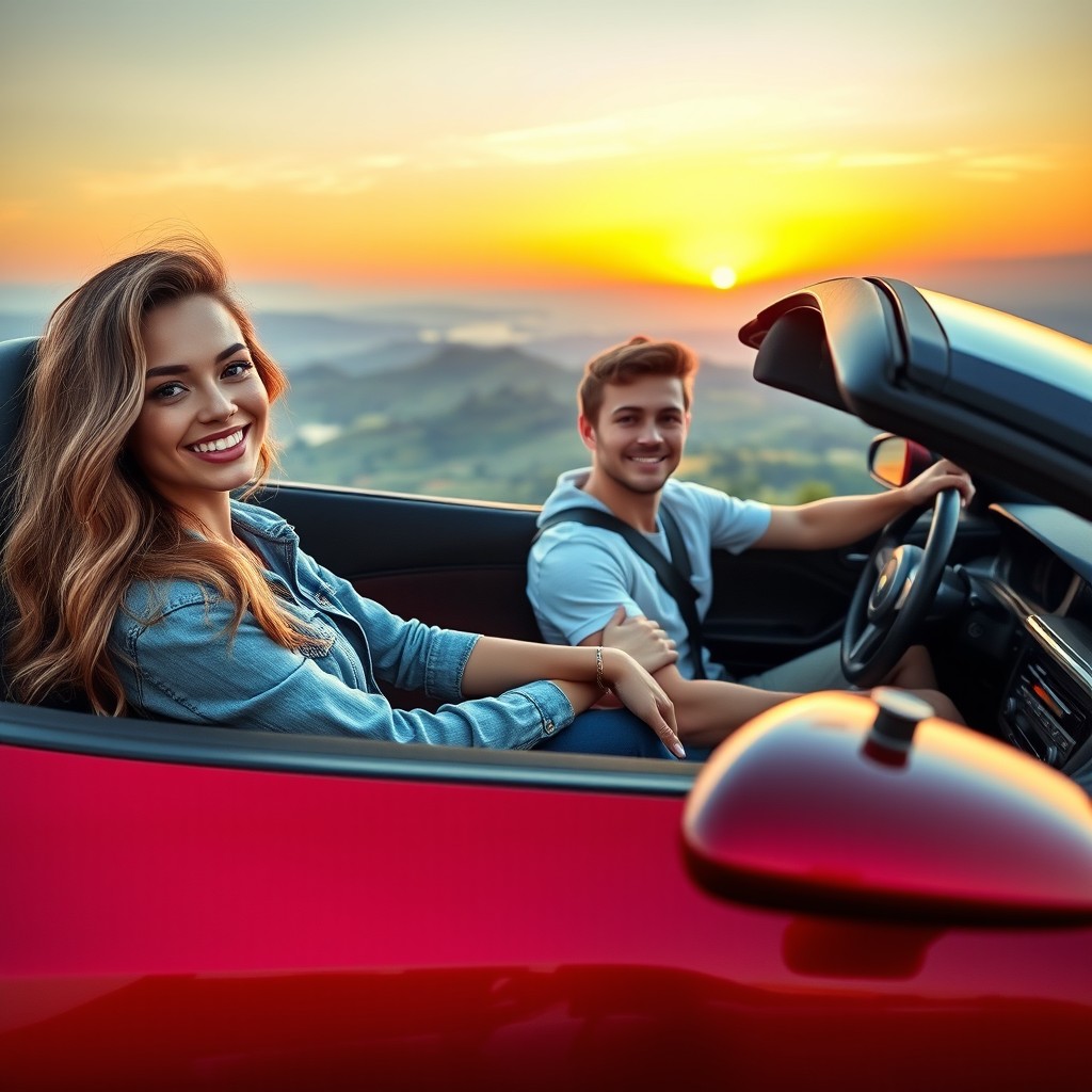 A beautiful young woman with long, wavy hair and a confident smile, driving a stylish sports car with a handsome young man in the passenger seat