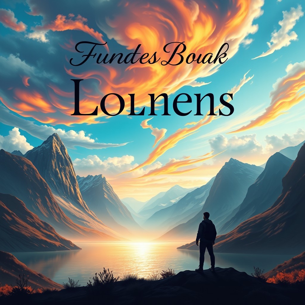 A visually striking book cover design showcasing a fantastical landscape, with towering mountains in the background and a shimmering lake in the foreground