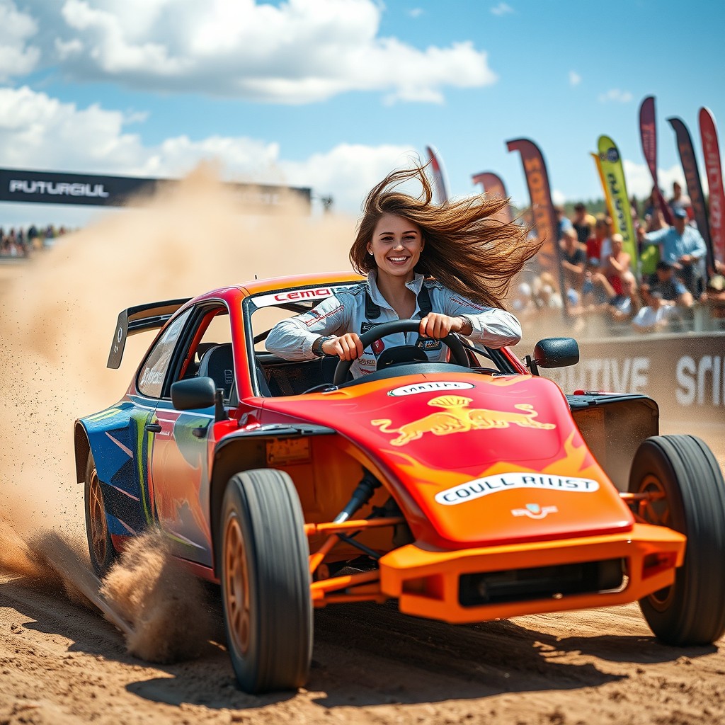 A striking young woman enthusiastically driving a vibrant rallycross car on a challenging track, showcasing her skills