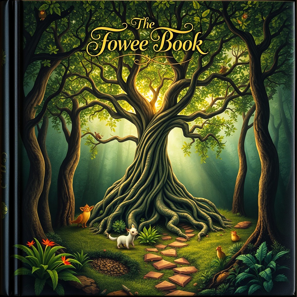 A captivating book cover design that features a whimsical forest scene, filled with lush greenery and enchanted creatures
