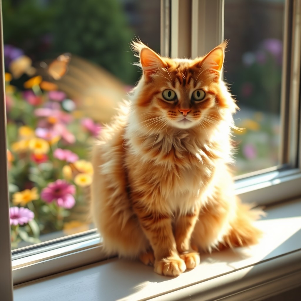 A charming and fluffy domestic cat sitting gracefully on a windowsill, bathed in warm sunlight