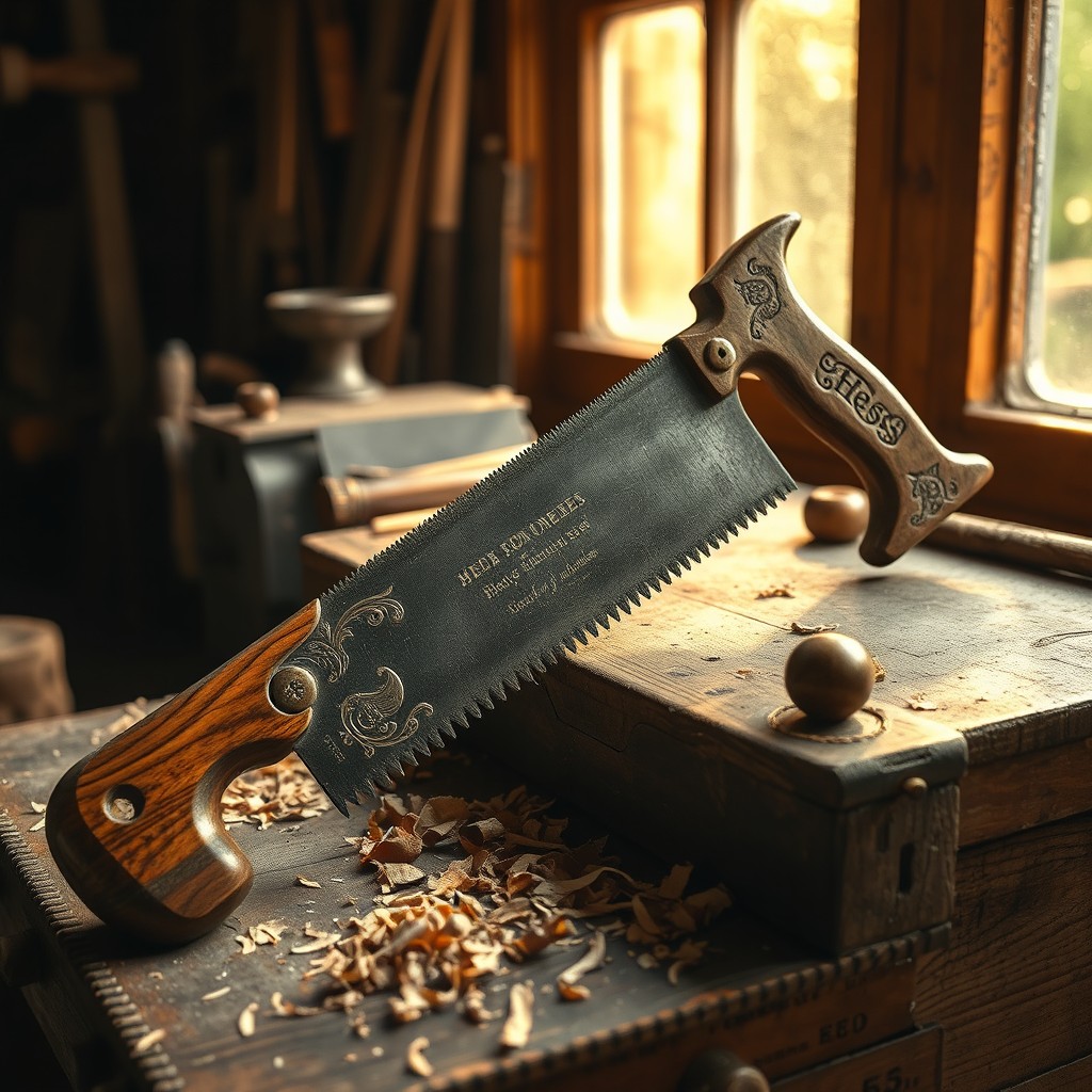 A stunning and intricate depiction of a vintage hand saw, beautifully crafted with decorative engravings on the wooden handle