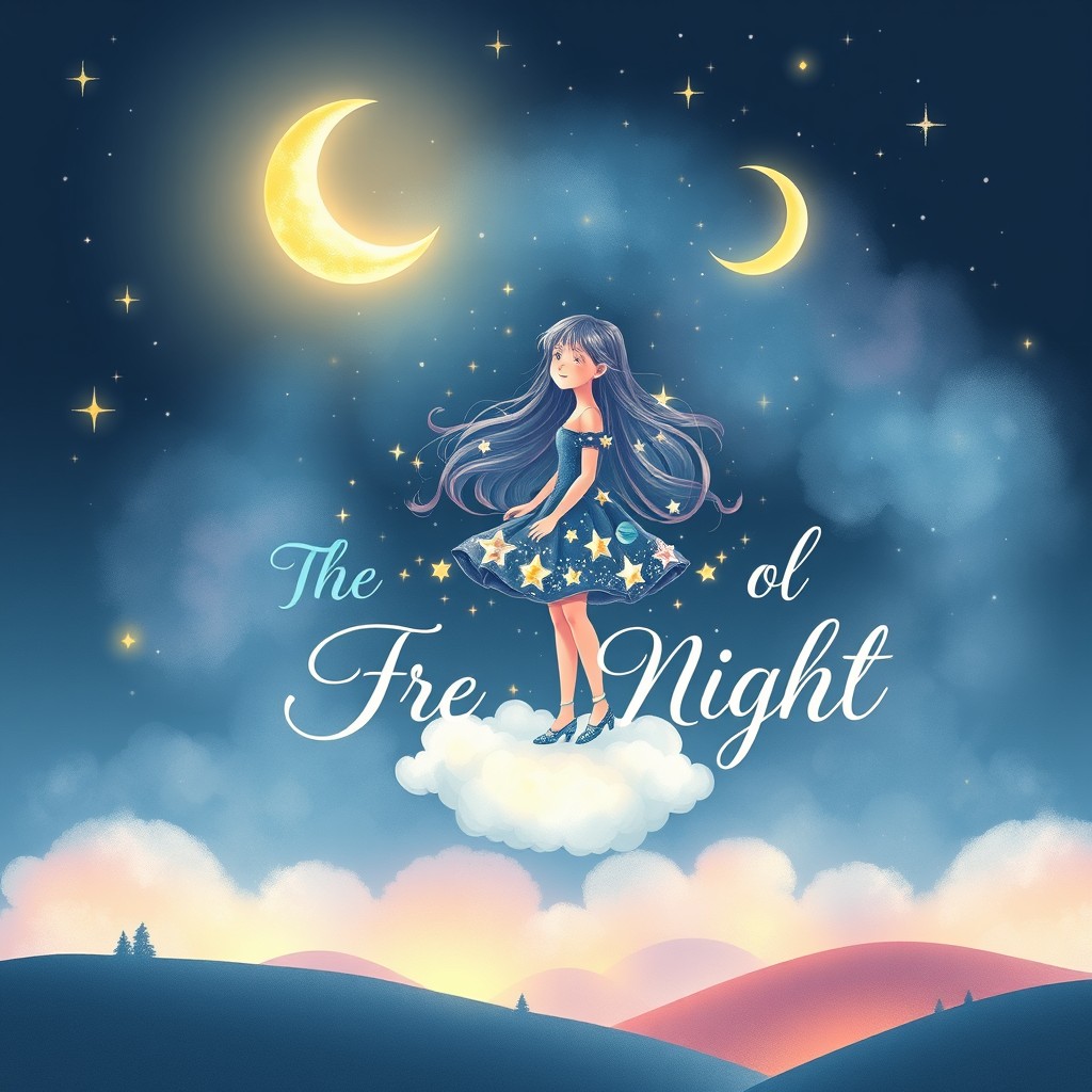 A book cover design featuring a dreamy girl who loves the world of dreams and the night