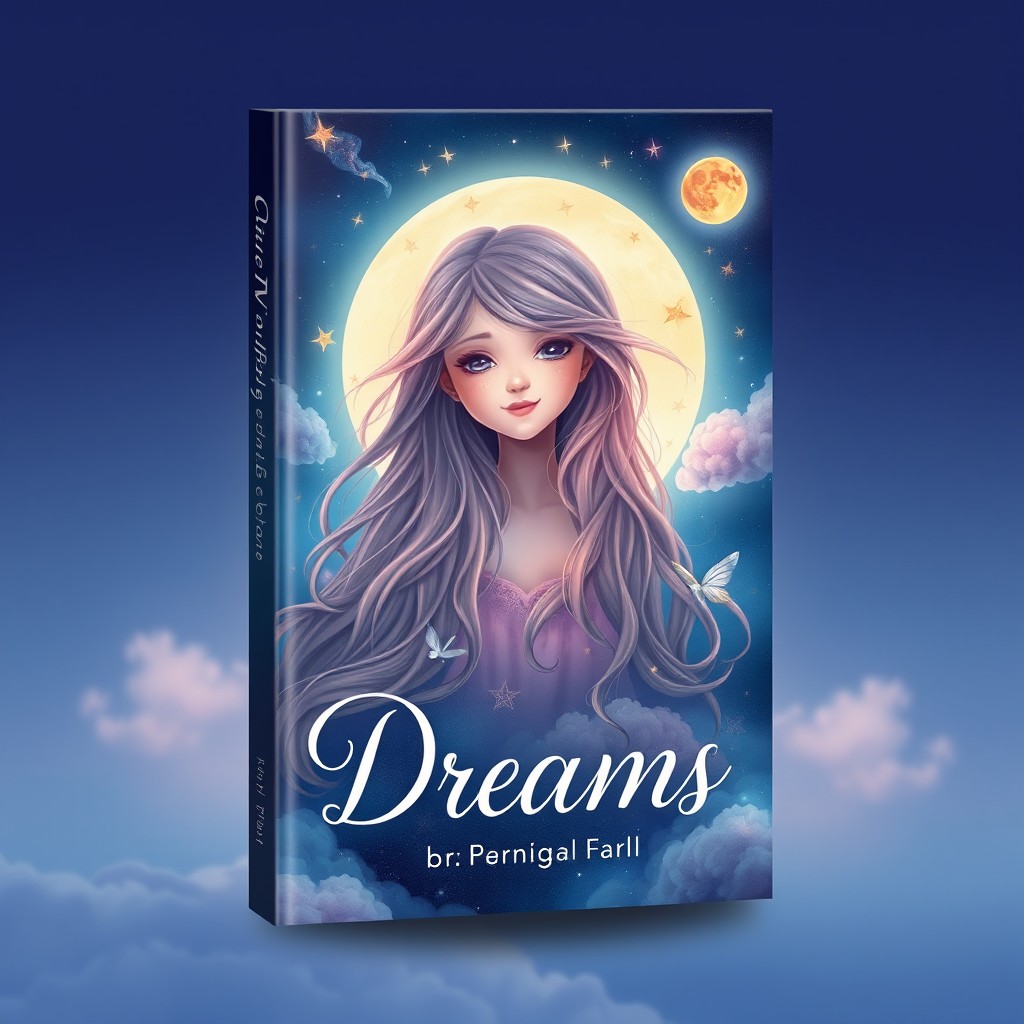 A book cover design featuring a dreamy girl immersed in a whimsical nighttime world
