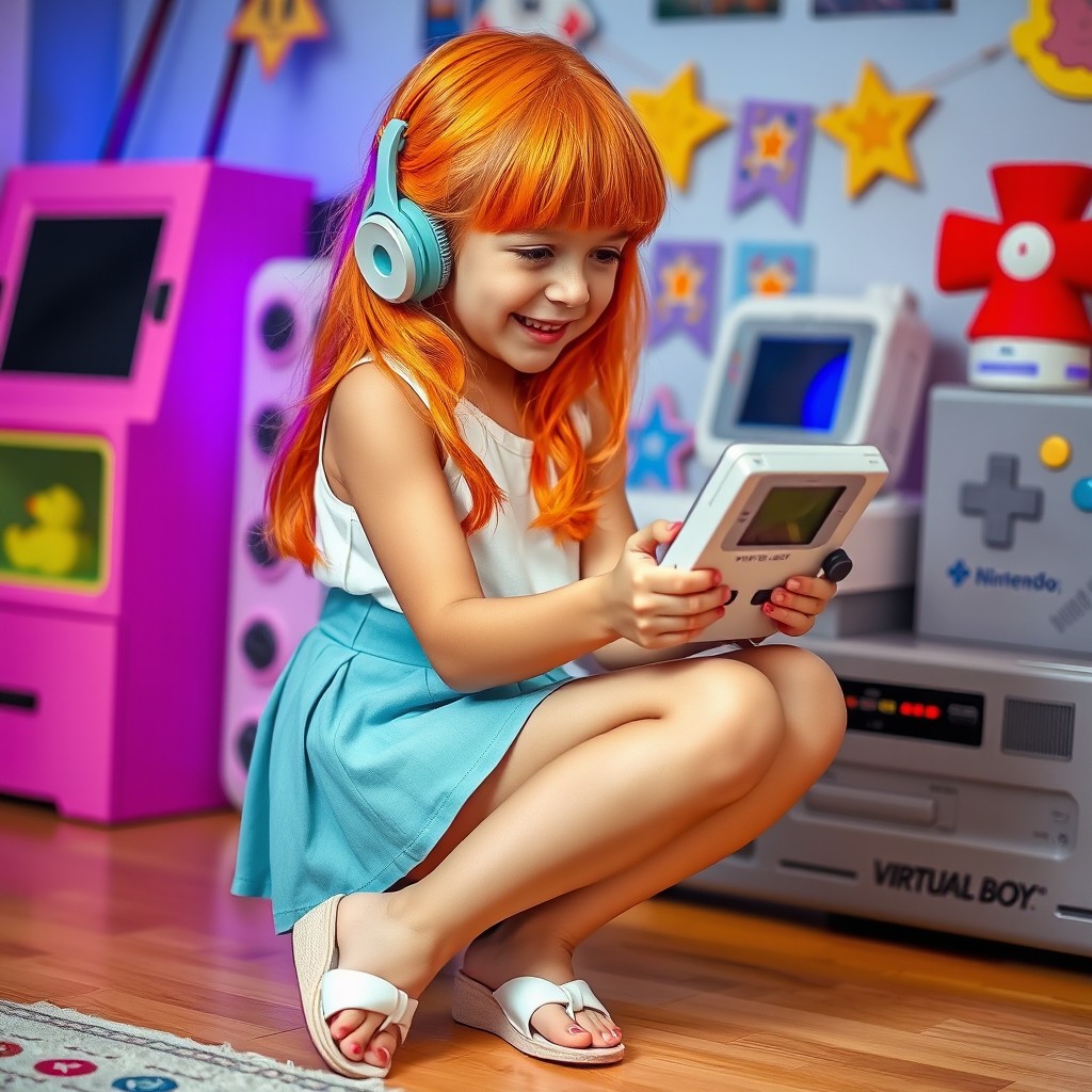 A cute girl with vibrant orange hair wearing a stylish mini skirt that showcases her lovely legs and white sandals, sitting and playing with a Nintendo Virtual Boy